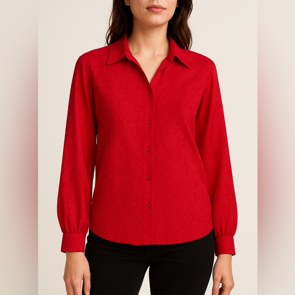 Yves St. Clair Petites 100% Silk Paisley Red Button Down Blouse – 6P